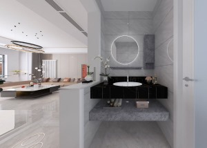 主卧卫生间淡蓝色的浴室柜设计，让空间显得现代时尚，墙排式的设计易打理卫生也美观。