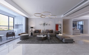沙发背景墙采用线条设计，简单时尚，结合灰白大地砖让空间显得统一