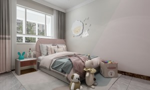 次卧作为孩子房间设计的更童真一些，烟粉色表现孩子心中的公主梦，墙面的乳胶漆灰与粉的结合也不会显得太腻