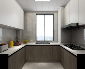 厨房整体U字型设计，最大化利用空间，吊柜、地柜分别采用不同的颜色区分空间，也有着层次感。