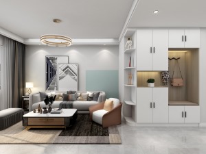 现代感十足的沙发和背景墙在舒适家居的基础上 满足高级感，入户的玄关柜也方便了平时的使用。