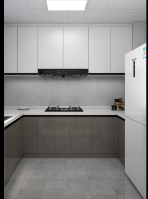 地柜采用阿拉斯加橡木和吊柜采用雪松白，由于厨房空间采光不太好，采用浅色墙砖让空间会亮一些。
