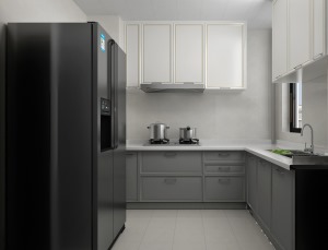廚房櫥柜做了L形的造型設計，選用中高端品質的金牌櫥柜，顏色采用下重上淺，做了顏色區分，空間簡單大氣