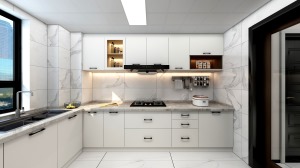 厨房最大限度的发挥空间利用率，选中了白色瓷砖通铺，搭配米色地柜门，素雅干净，让整个空间显得轻松雅致。