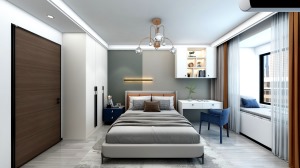 床头背景墙运用了墨绿色和浅灰色做拼接，使得整个空间沉稳大气，蓝色的床头柜和椅子的加入丰富了空间的色彩
