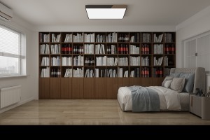 南次卧作为备用卧室来设计，在卧室里是整面墙的书架，保留了原始的阅读收纳整面墙书架。