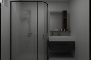 卫生间空间较小，设计的比较紧凑，浴室柜深色柜体结合空间的灰色调丰富层次，墙排的设计还节省空间。