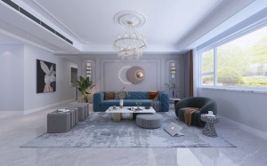 整个客厅大面积使用白色，美式带造型的松软沙发 还有吊顶四周异性的造型设计，从细节处入手塑造法式的浪漫