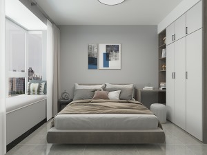 卧室整体也是采用的灰色系，大地砖通铺，衣柜梳妆台整体定制，节省空间，整体性也很好。