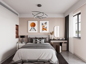 主卧背景墙设计的藕粉色搭配床头硬包的设计，整体显得时尚、干净，旁边的小衣帽间也有着足够的收纳。