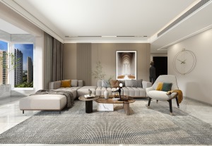沙发背景墙采用两种不同样式的木饰面做造型，右边挂画与墙面造型相对称，使得空间平衡，整体色调统一。