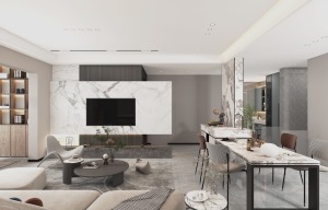 客厅采用浅灰色护墙板硬包以及深色护墙板结合的形式，点缀线性灯，无主灯的设计方式，让整个空间更加简洁。