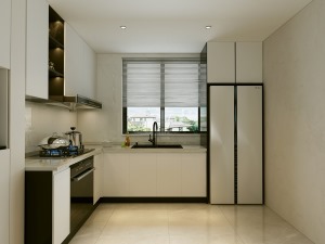 厨房L型设计最大化利用空间，也让房间宽敞方便平时的烹饪，白色调提亮了空间，整体明亮、干净。