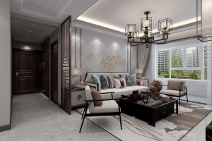 客厅空间整体灰色调，沙发背景墙采用山水画，对称的木饰线条增加质感。