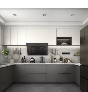 厨房U字型，最大化利用空间，吊柜和地柜采用不同的色调做区域的划分，整体动线流畅，冰箱放在厨房方便使用