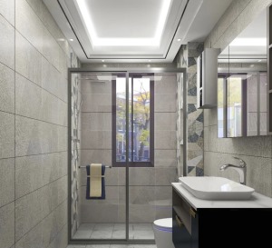 卫生间灰色调与整体空间相呼应，采用干湿分离的设计避免水渍的外露。黑色浴室柜搭配白色台面增显质感。