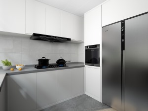 墙面用浅灰色的墙砖，搭配白色的橱柜，更干净、整洁，U字形的厨房实用性更强，设计高柜，与冰箱整体设计。