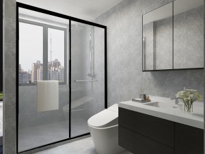 卫生间墙面采用灰色哑光墙面砖，搭配深色木纹浴室柜，整体空间采用灰色系，比较显档次。