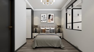 主卧室采用灰色调乳胶漆，给人一种安静、舒适的氛围，步入式衣帽间增加了生活的仪式感。