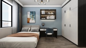 次卧室为男孩房，背景墙颜色为浅蓝色，增加空间的灵动性。