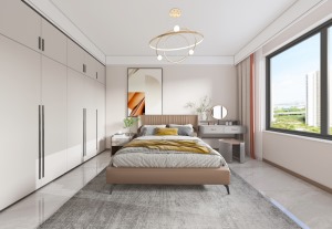 卧室舒适、简洁的色调，赋予空间个性和宁静。棕色系的软装点缀，色系相搭又增加了层次感。