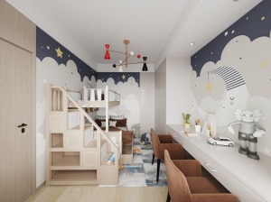 儿童房做了上下床的设计，方便两个孩子的学习和日常使用，在墙面空间采用一些壁纸的方式，简约还出效果。