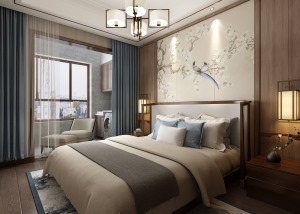 主卧室整体采用木色系搭配，窗帘的浅蓝色进行点缀，使空间不那么单调，背景墙护墙板和硬包的材质碰撞，也使