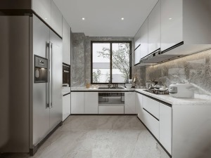 L型橱柜的设计，橱柜白色为主，材质选用雅致的灰色瓷砖;色彩上运用清幽淡雅的基调，让整个空间干净简单。