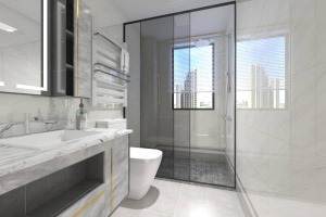 浴室柜台面加厚边设计，更显大气，让空间更加的简洁统一。光影加深了瓷砖的阴影感，让空间更加立体深邃。