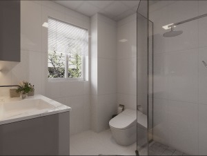 卫生间的墙面采用了偏向于灰色的墙地砖，使得整个空间显得整洁明了。