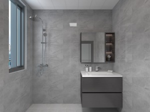 洗漱台设计在外侧，方便了居家的便捷性，灰色调的柜体和空间色调自成一体，墙排的设计方便打扫卫生。
