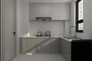 厨房按照传统的明厨暗卫的理念设计，橱柜品牌是金牌橱柜，山灰色地柜搭配茶白布纹色吊柜让整个厨房空间质感