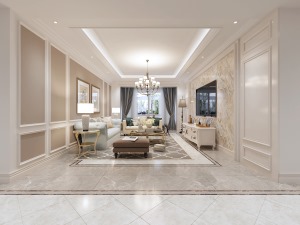 暖色的地砖使家里更温馨，沙发背景墙采用木质线条显得更有质感，客厅地面做了波导线，跟吊顶相对应更美观
