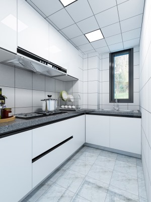 厨房的采光很好，墙砖选用了浅灰色，搭配欧派的阿拉斯加橡木橱柜，使厨房空间显得既明亮通透又有质感
