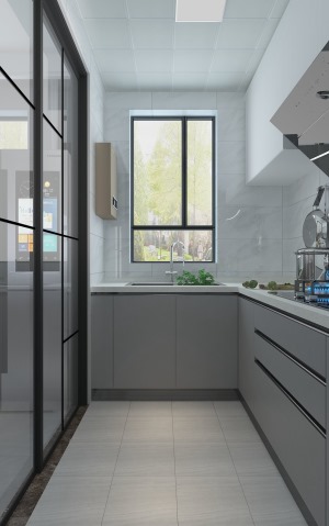 厨房设计采用U字型设计，把冰箱设计在厨房外面