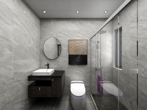 卫生间墙地砖采用灰、白色调做区分，符合现代风格的色彩搭配，和客餐厅整体颜色统一