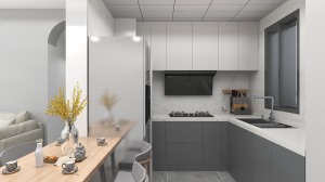 厨房面积也较小，打通厨房隔墙。做开放式厨房，兼顾餐厅和入户玄关功能区为一体，提高空间利用率。
