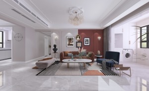 客厅整体来说比较适中，电视背景墙红白色显示出了住户独特的风格，