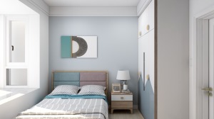 次卧1：次卧采用的淡灰色调，搭配的家具、软饰的撞色处理，让空间表现出不一样的灵动感，飘窗位置的阳