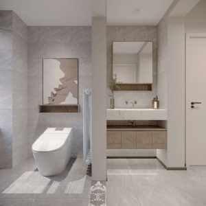 卫生间以灰色淡纹墙砖使卫生间更加明亮，不显压抑，同时在功能设计上也满足更多的利用空间