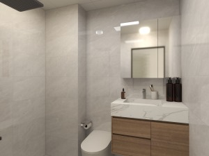 卫生间没有窗户，墙地砖采用亮光砖，浴室柜也选用原木色做搭配。