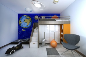 儿童房以蓝色宇宙为主题，墙面刷雾霾蓝乳胶漆，与宇宙图案壁布相呼应。