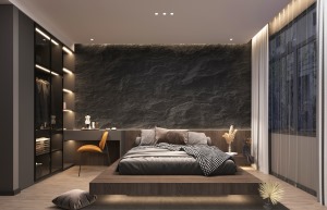 卧室采用悬浮床设计，背景墙采用pu石材装饰，衣柜转角梳妆台设计，好看更好用。