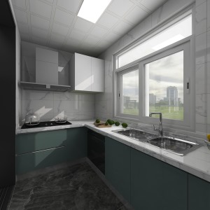 房考虑到实用性，充分利用空间做U型橱柜的设计，冰箱放在厨房中，吊柜也做了最大化的设计。