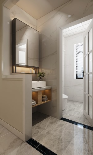 洗手台采用干式分离的设计，考虑到采光，设计了半墙的造型，既美观又居家便捷。