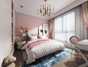 低饱和度的粉色作为房间的基础色，粉色软包床+定制的通顶衣柜 童真浪漫又不会过于幼稚