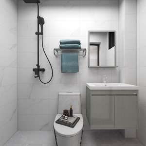 卫生间墙砖选用深灰色墙砖，更显档次感，搭配浅绿色浴室柜，又增加了一点清新感。