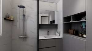 卫生间搭配白加灰柜体，与灰色墙砖呼应。