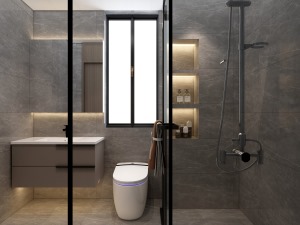 8.卫生间用了一个浴室隔断的设计，这样更加的实用，整体用了一个灰色调，体现了一个现代风格。境。