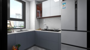 厨房L型设计，地柜采用雾灰色的门板增加层次，看起来不单调也易打扫，冰箱放置在厨房也方便平时的居家生活